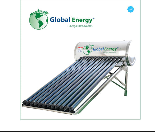 Calentador solar marca GlobalEnergy de 150 litros y tubos de vacío para 4 personas, distribuido por KalorSol.