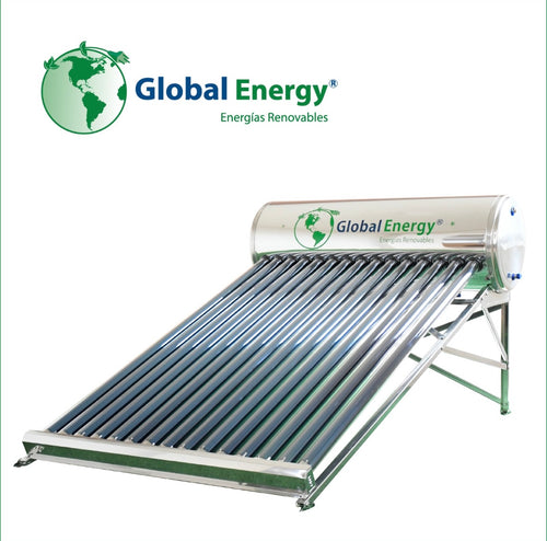Calentador solar marca GlobalEnergy de 15 tubos de vacío y 180 litros para 5 personas, distribuido por KalorSol.
