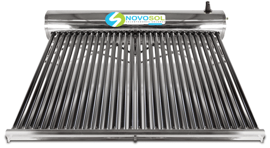 Calentador solar térmico de capacidad masiva marca NovoSol, diseñado para uso residencial e industrial ligero para 10 personas.
