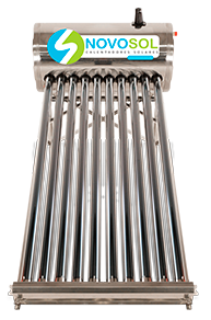 Calentador solar de acero inoxidable marca NovoSol con 10 tubos de vacío, capacidad para 3 personas
